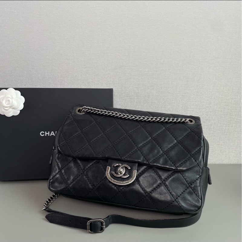 絕美經典款🈶購證😍Chanel香奈兒黑銀愛丁堡流蘇菱格紋鏈條包單肩斜挎側背包-10