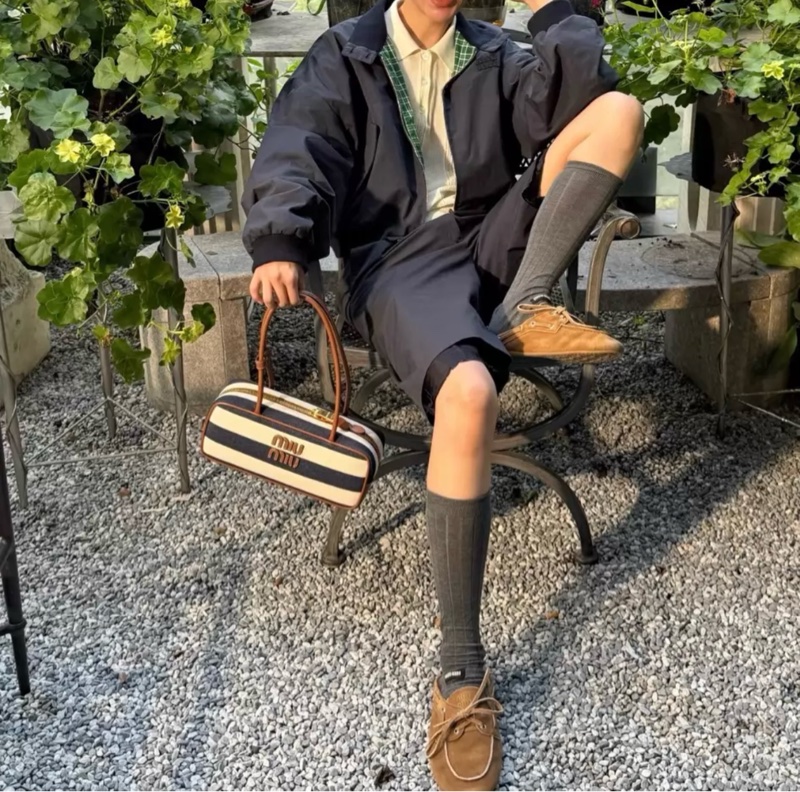Miumiu beau蓝白条纹公文包保龄球包-7