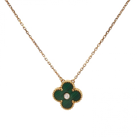 VAN CLEEF&ARPELS VintageAlhambra中號單花項鏈13年聖誕18K黃金/鑽石/孔雀石