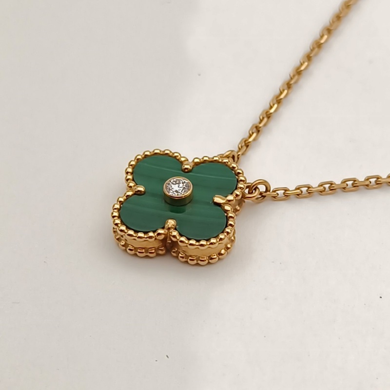 VAN CLEEF&ARPELS VintageAlhambra中號單花項鏈13年聖誕18K黃金/鑽石/孔雀石-1