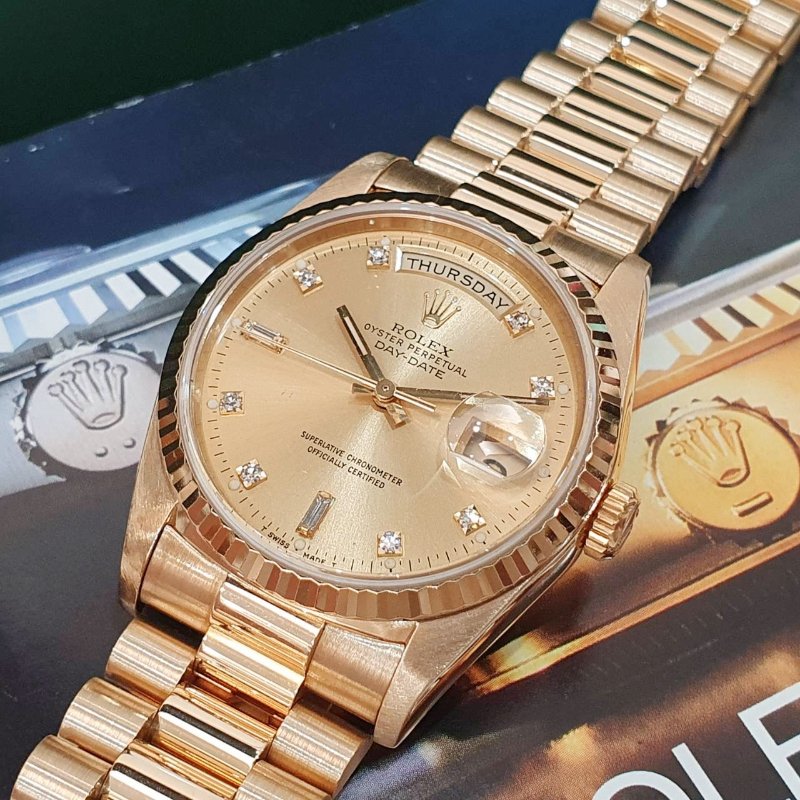 【大眾名錶】ROLEX勞力士18238 Day-Date 18K金蠔式 金色十鑽面盤 星期顯示 大眾名錶B1338-5