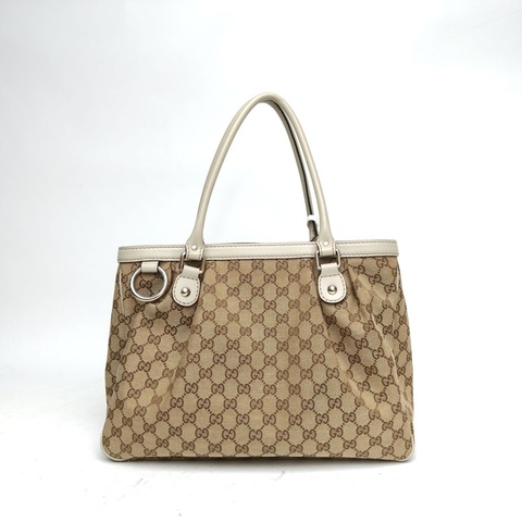 GUCCI 老花帆布淺金扣手提包