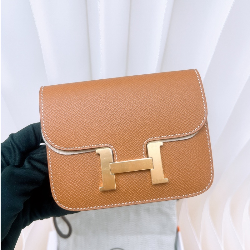 全新 Hermes constance slim 金棕金釦 康康錢包 K-1