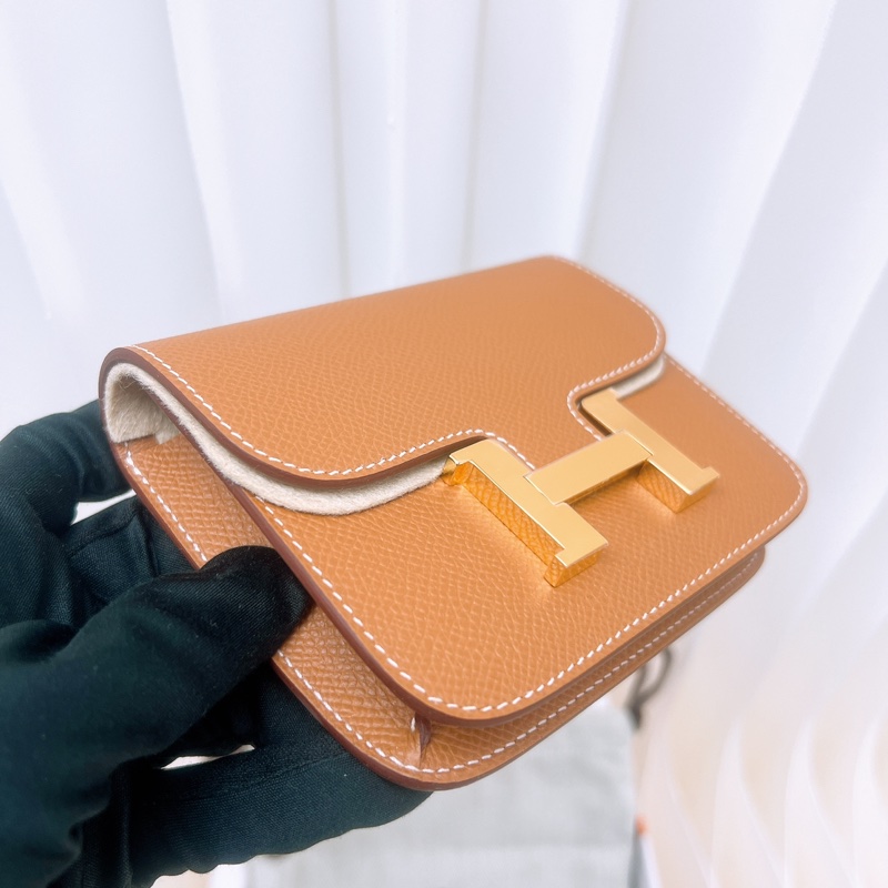 全新 Hermes constance slim 金棕金釦 康康錢包 K-3