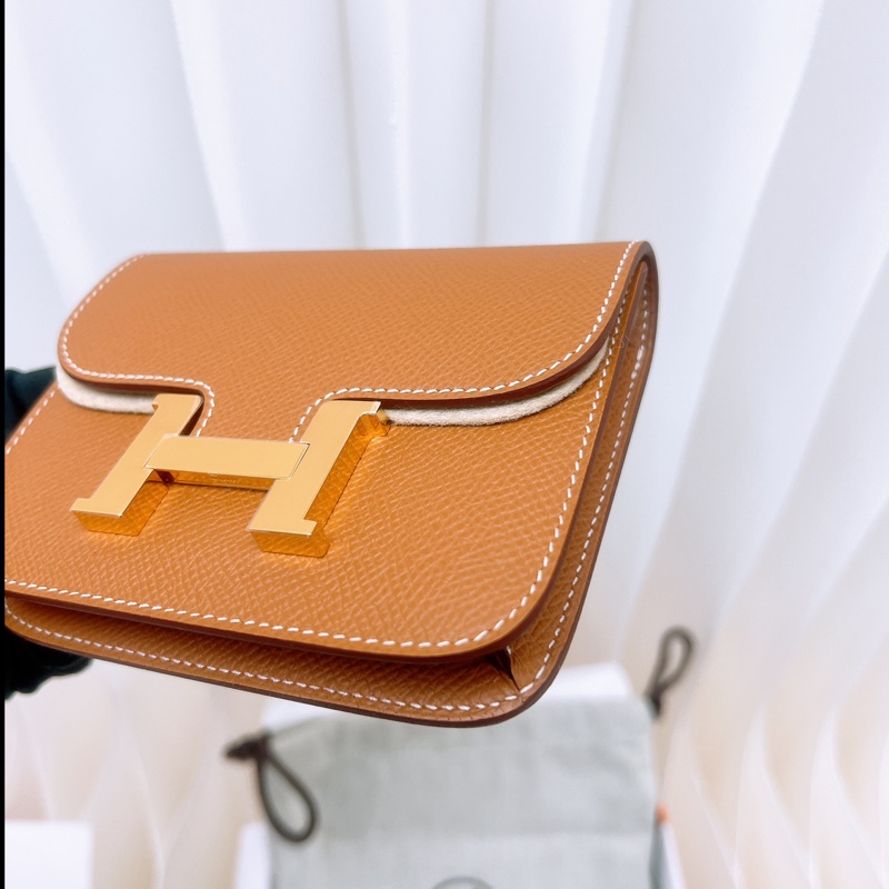 全新 Hermes constance slim 金棕金釦 康康錢包 K-4