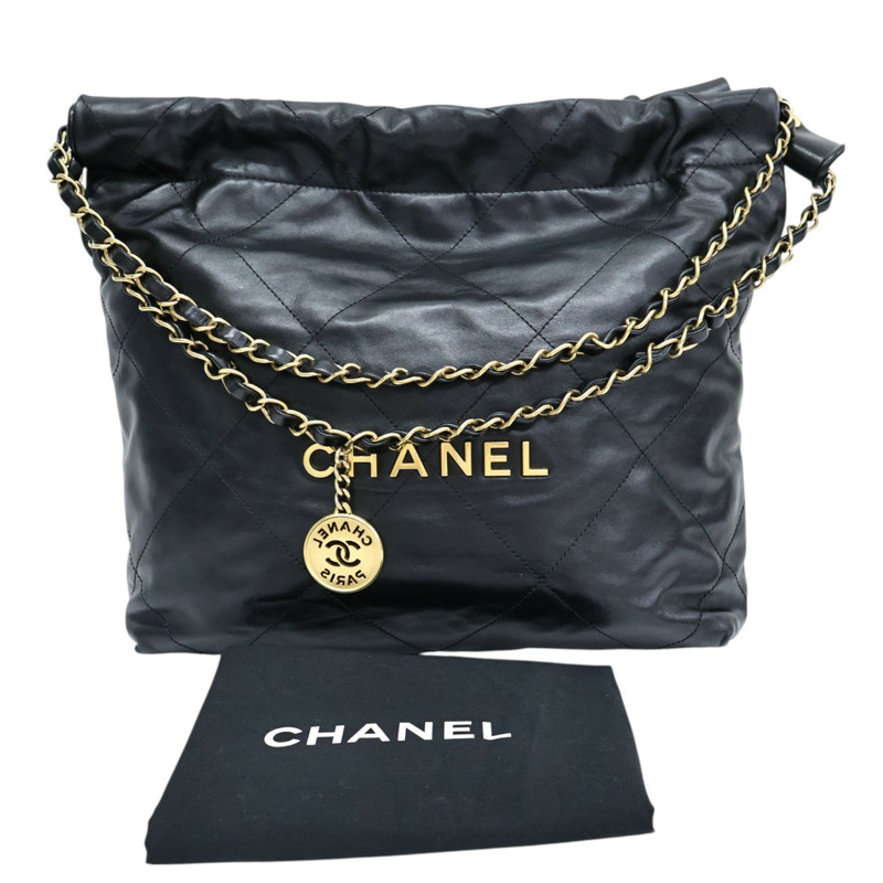 黑色 牛皮 22 中號 肩背包 金釦【CHANEL 香奈兒】 AS3260-8
