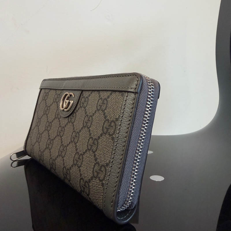 Gucci 黑灰PVC灰牛皮霧銀釦拉鏈12卡長夾-2
