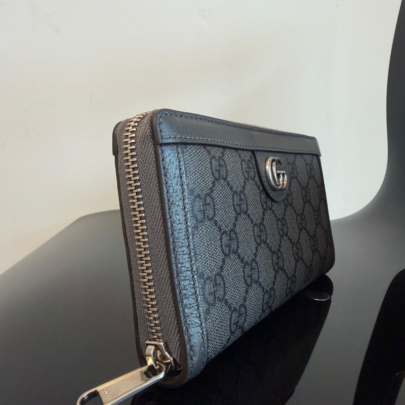 Gucci 黑灰PVC灰牛皮霧銀釦拉鏈12卡長夾-3