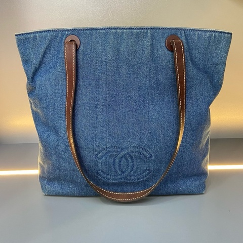 Chanel香奈兒牛仔丹寧托特包 經典雙C標誌 牛仔布拼接棕色