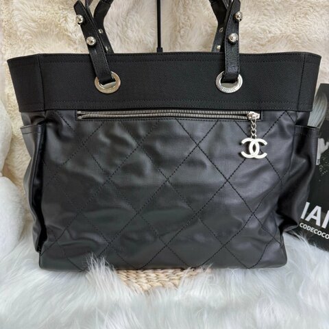 Chanel Tote 黑色 菱格紋 牛皮 大號 logo掛飾配子袋