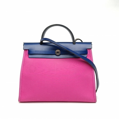 HERMES Herbag31玉蘭粉拼寶石藍帆布/牛皮C刻肩背包銀扣