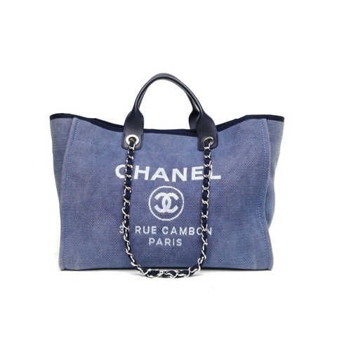 CHANEL 沙灘包帆布版大號藍色帆布16開銀扣肩背包