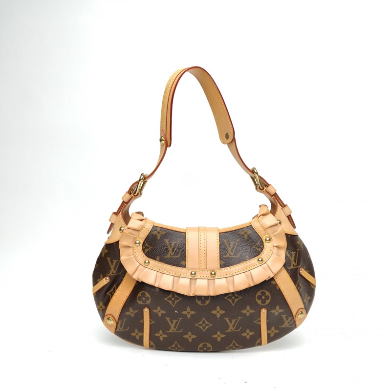 LOUIS VUITTON 老花PVC金扣2004中古荷葉邊餃子包腋下單肩包-2