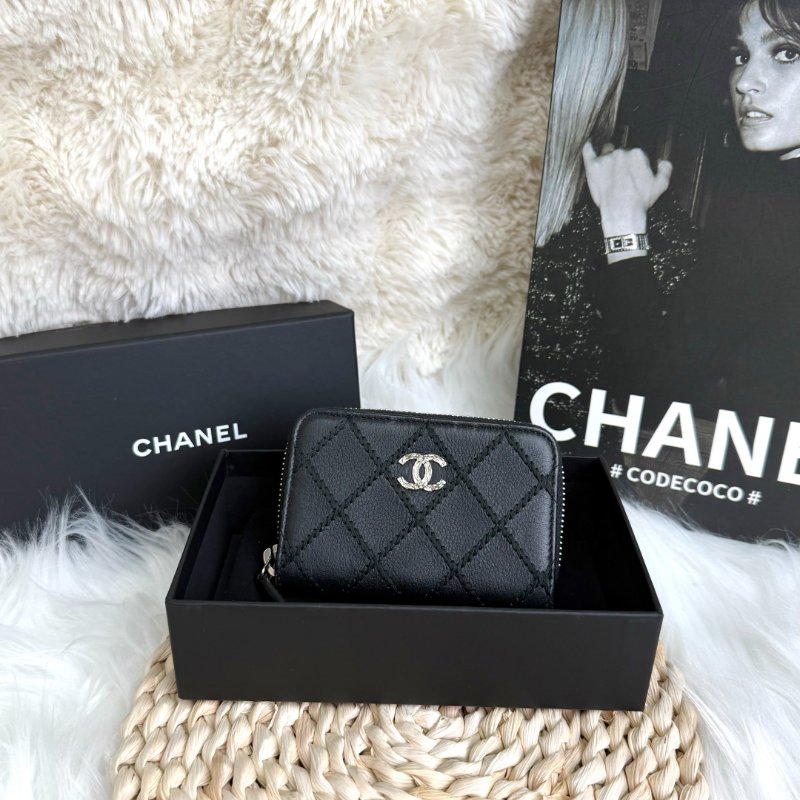 Chanel香奈兒 經典 外縫菱格拉鍊卡包 黑銀-0