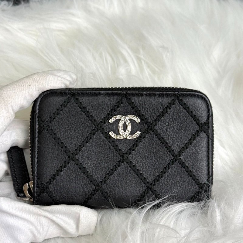 Chanel香奈兒 經典 外縫菱格拉鍊卡包 黑銀-1