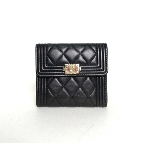 CHANEL Leboy三折錢包方版黑色羊皮22開金扣