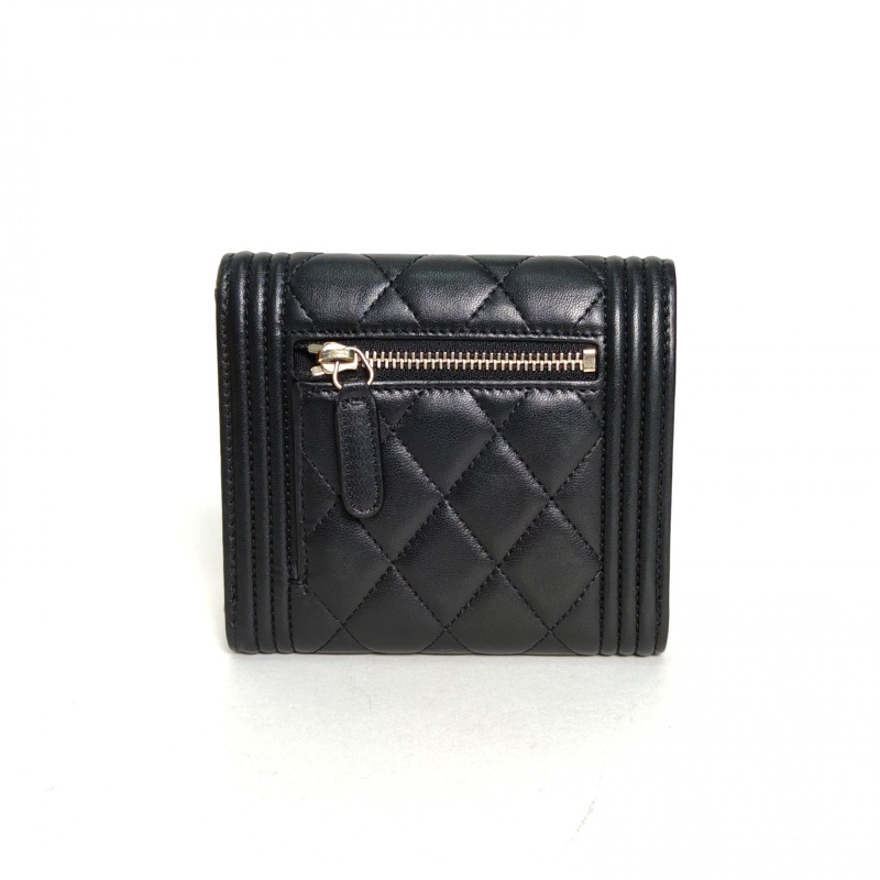 CHANEL Leboy三折錢包方版黑色羊皮22開金扣-2