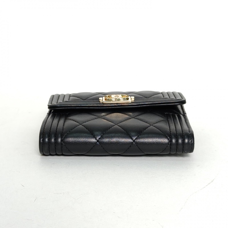 CHANEL Leboy三折錢包方版黑色羊皮22開金扣-3