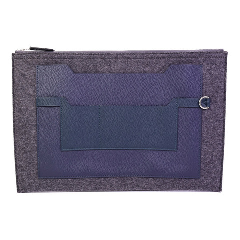HERMES Epsom皮革/羊毛Toodoo Pouch 29手拿包Blue Nuit/Vert Cypre