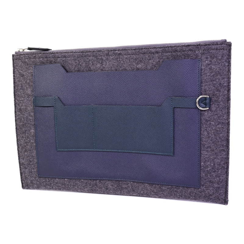 HERMES Epsom皮革/羊毛Toodoo Pouch 29手拿包Blue Nuit/Vert Cypre-2