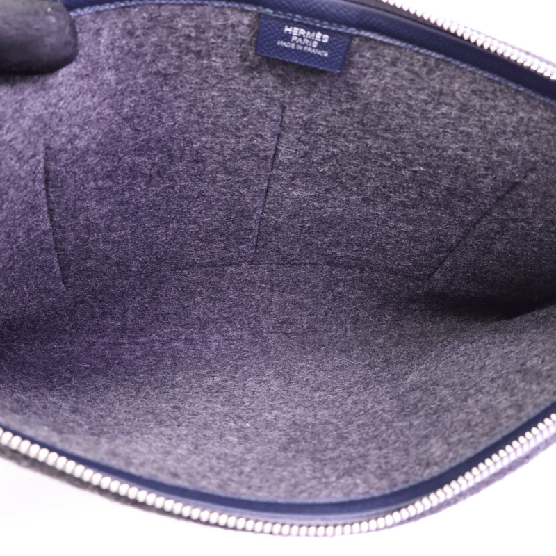 HERMES Epsom皮革/羊毛Toodoo Pouch 29手拿包Blue Nuit/Vert Cypre-4