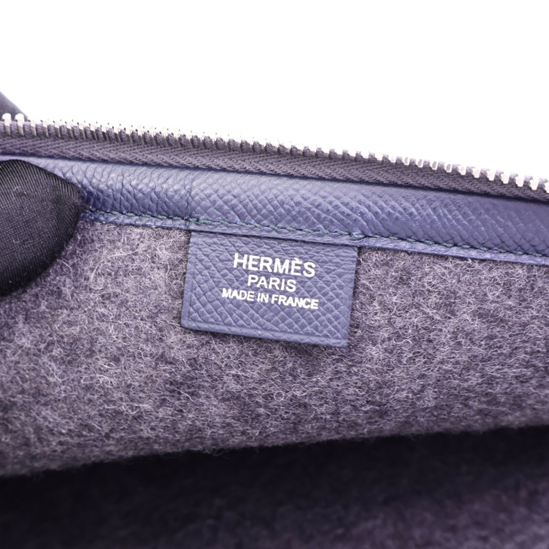 HERMES Epsom皮革/羊毛Toodoo Pouch 29手拿包Blue Nuit/Vert Cypre-5