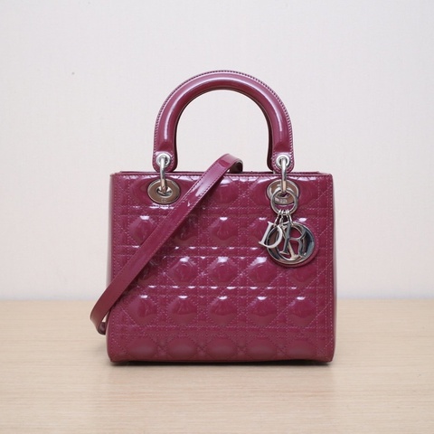 DIOR LadyDior戴妃包五格紫色漆皮肩背包銀扣2012