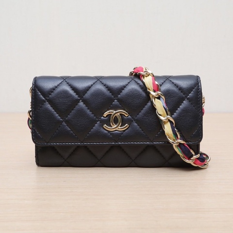 CHANEL 黑色羊皮30開金扣彩虹鏈條CFMiniWoc肩背包