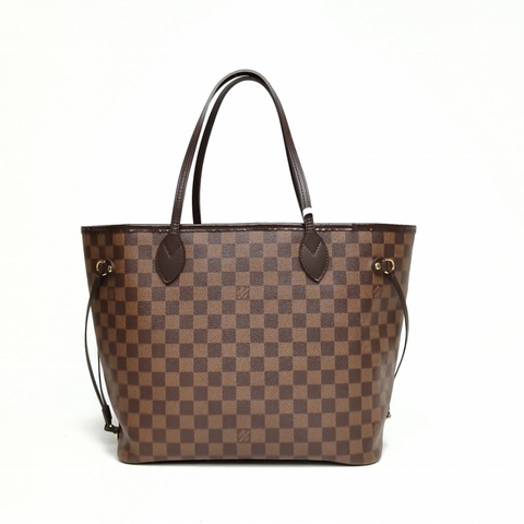 LOUIS VUITTON Neverfull中號無子袋棕色棋盤格PVC金扣肩背包