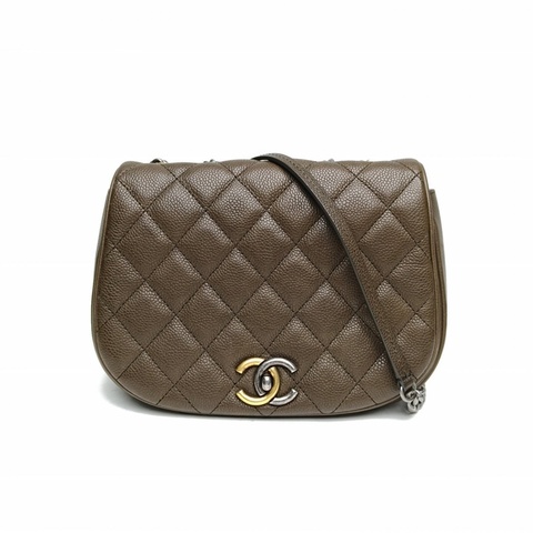 CHANEL 綠色荔枝牛皮23開金銀扣馬鞍包鏈條包肩背包