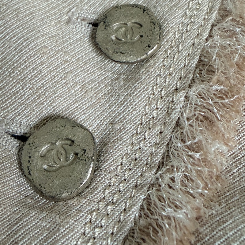 🍒 CHANEL 香奈兒 燕麥奶茶色 100%雙蠶絲 流蘇小翻領外套 法國製 42號/2F260524-2-14
