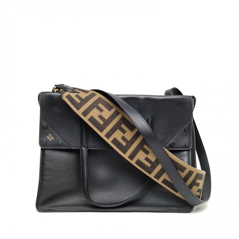 FENDI 黑色牛皮flip大號logo肩帶斜跨包