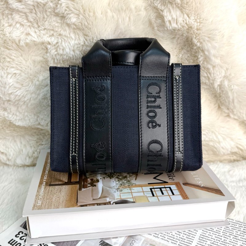Chloe WOODY迷你托特包 深青色 牛皮拼漆皮拼帆布-0