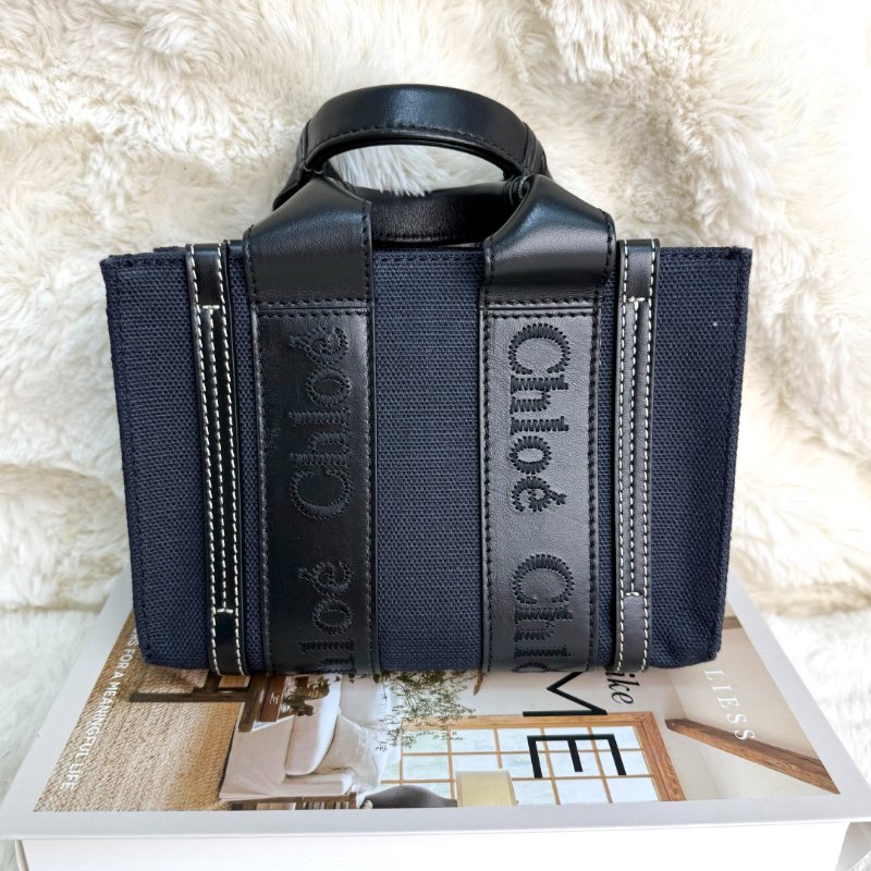 Chloe WOODY迷你托特包 深青色 牛皮拼漆皮拼帆布-1