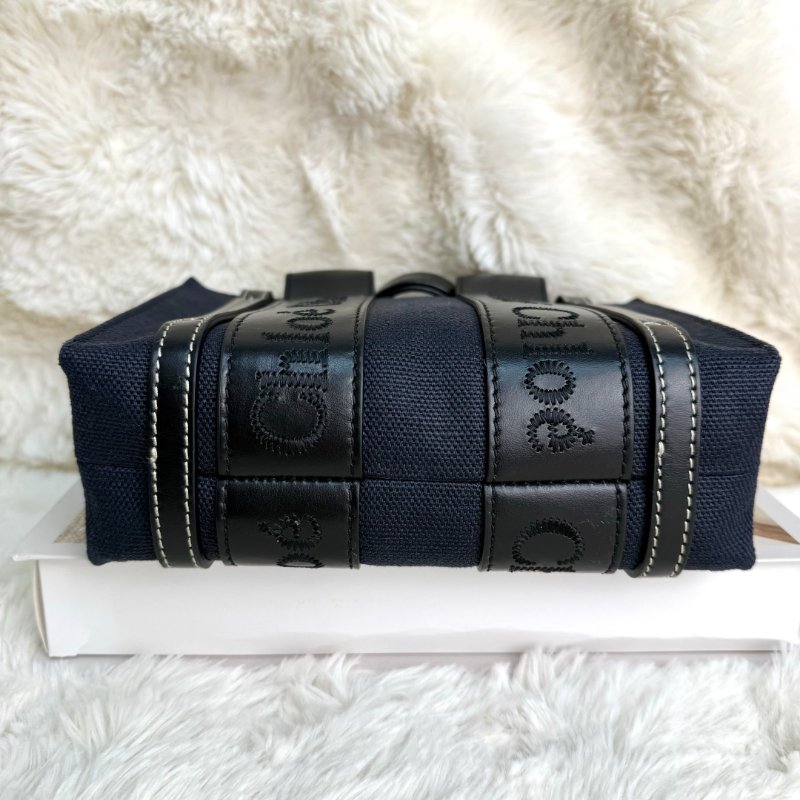 Chloe WOODY迷你托特包 深青色 牛皮拼漆皮拼帆布-2