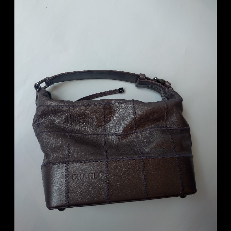 Chanel 灰紫色荔枝皮方格單把包 中飯盒包-2