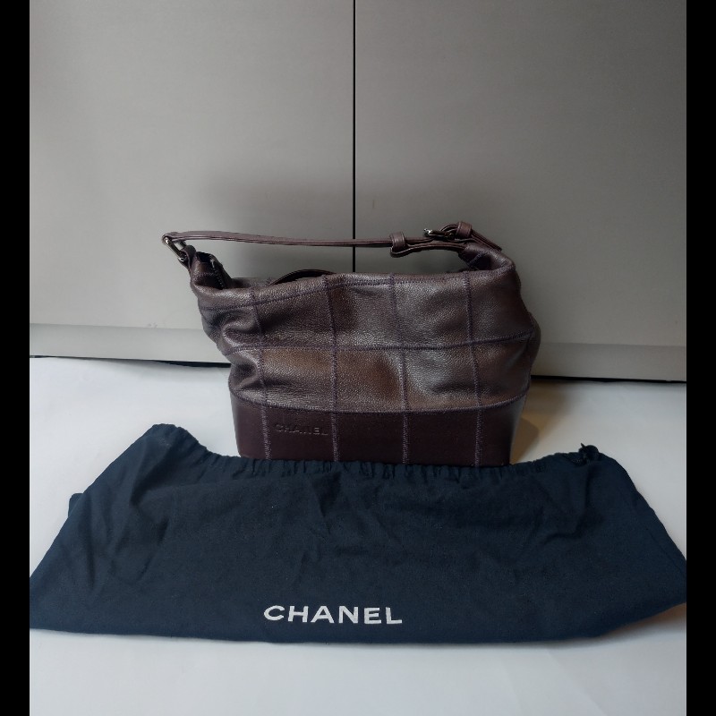 Chanel 灰紫色荔枝皮方格單把包 中飯盒包-3