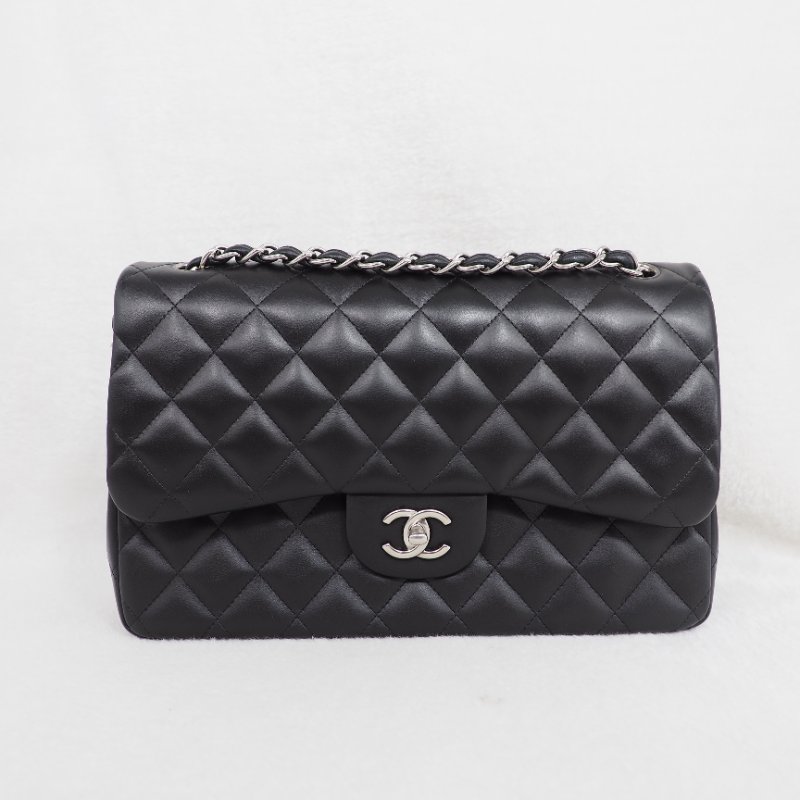 Chanel CF30 jumbo Classic flap 香奈兒黑色銀扣羊皮翻蓋包-5