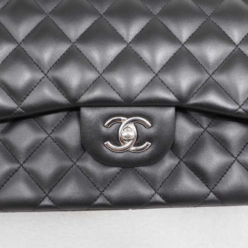 Chanel CF30 jumbo Classic flap 香奈兒黑色銀扣羊皮翻蓋包-6