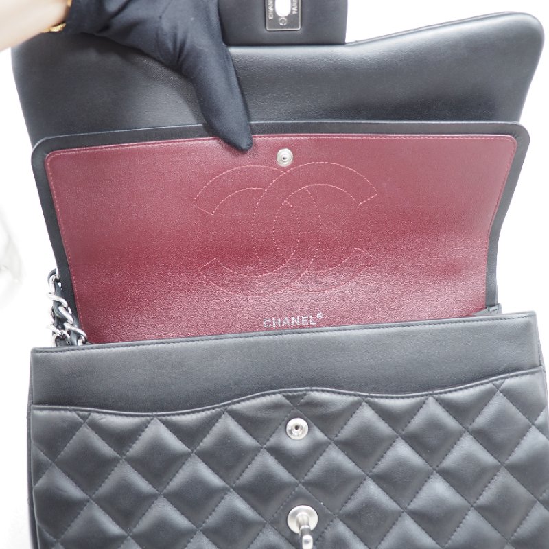 Chanel CF30 jumbo Classic flap 香奈兒黑色銀扣羊皮翻蓋包-16