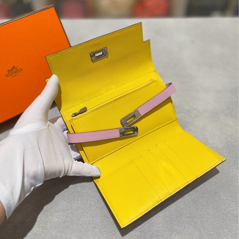 Hermes Kelly X9 錦葵紫內拼檸檬黃 E皮 銀扣 D刻 三折錢夾-2