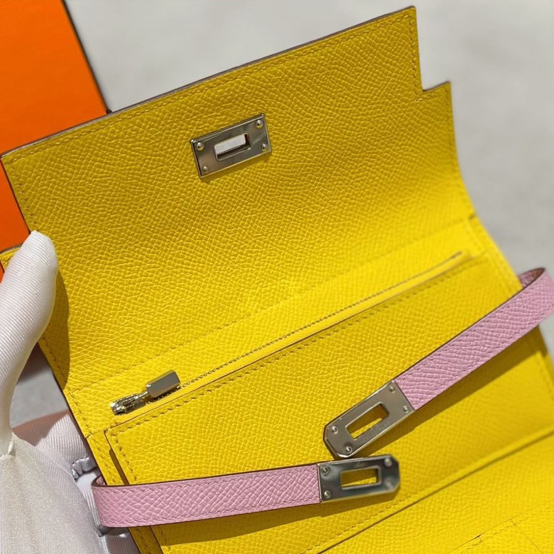 Hermes Kelly X9 錦葵紫內拼檸檬黃 E皮 銀扣 D刻 三折錢夾-3