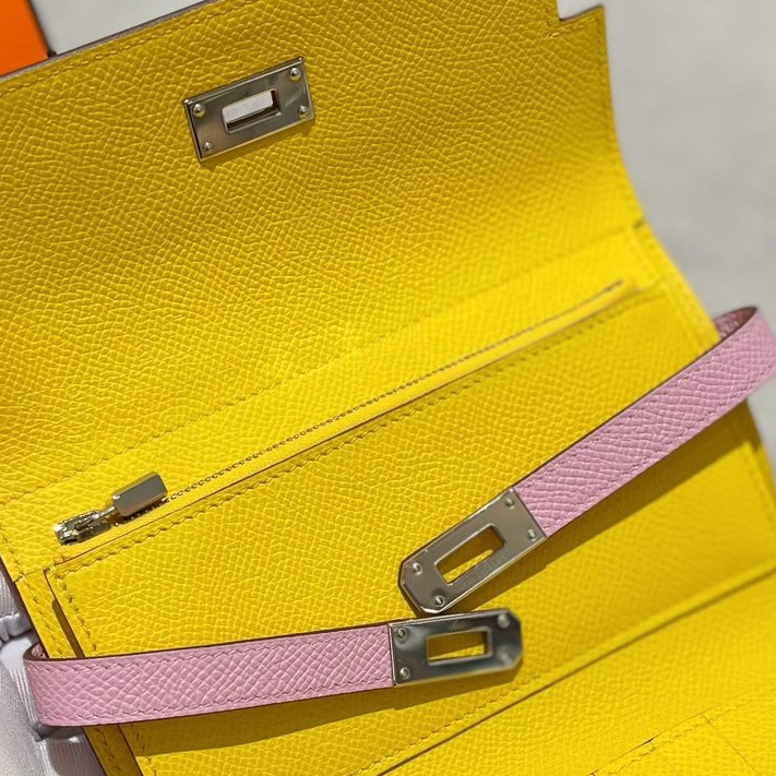 Hermes Kelly X9 錦葵紫內拼檸檬黃 E皮 銀扣 D刻 三折錢夾-5
