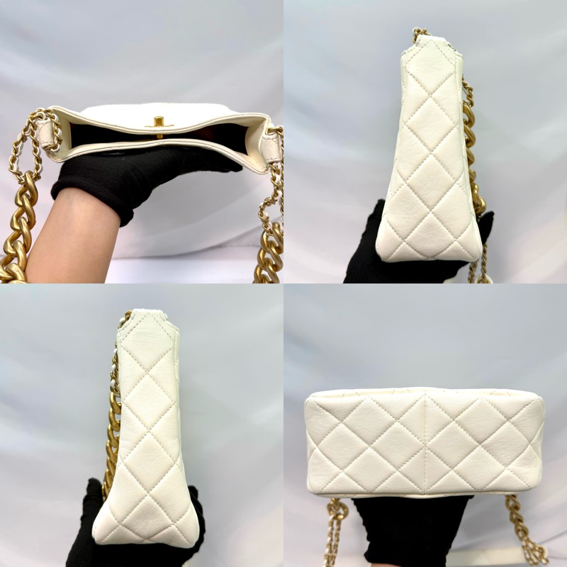 CHANEL 白色小牛皮菱格紋小型鍊帶肩背包-3