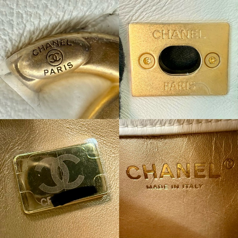CHANEL 白色小牛皮菱格紋小型鍊帶肩背包-8