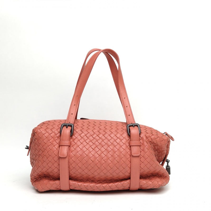 BOTTEGA VENETA 胭脂紅羊皮鎢鋼扣經典編織波士頓手提腋下包-2