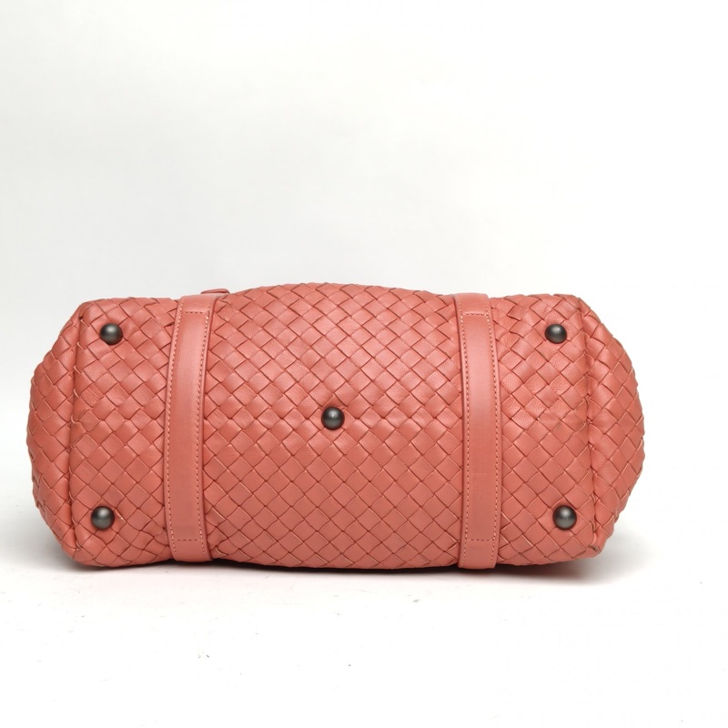 BOTTEGA VENETA 胭脂紅羊皮鎢鋼扣經典編織波士頓手提腋下包-3
