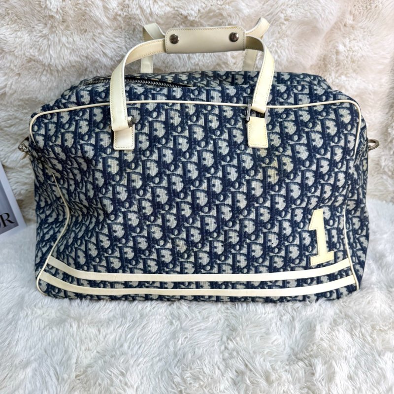 Dior Vintage 藍色拼白色 老花拼條紋 塗層帆布拼牛皮 數字1 橫版-0