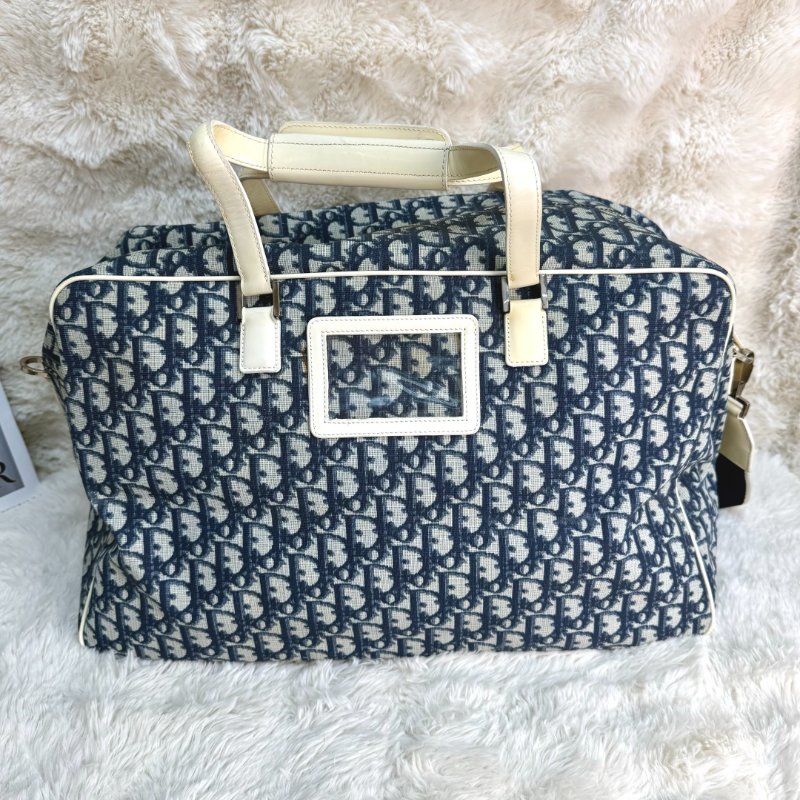 Dior Vintage 藍色拼白色 老花拼條紋 塗層帆布拼牛皮 數字1 橫版-1