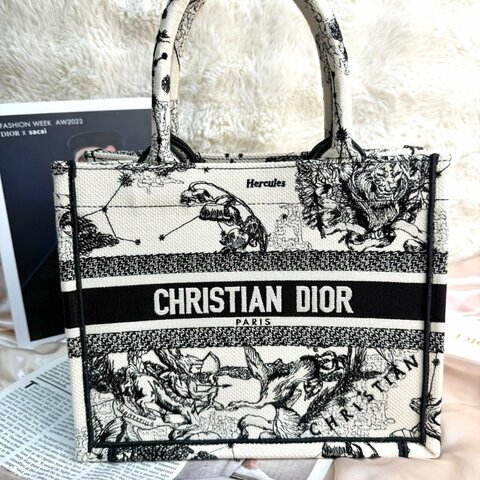 Dior Book Tote 購物袋 奶白色拼黑色 茹伊印花 帆布 小號